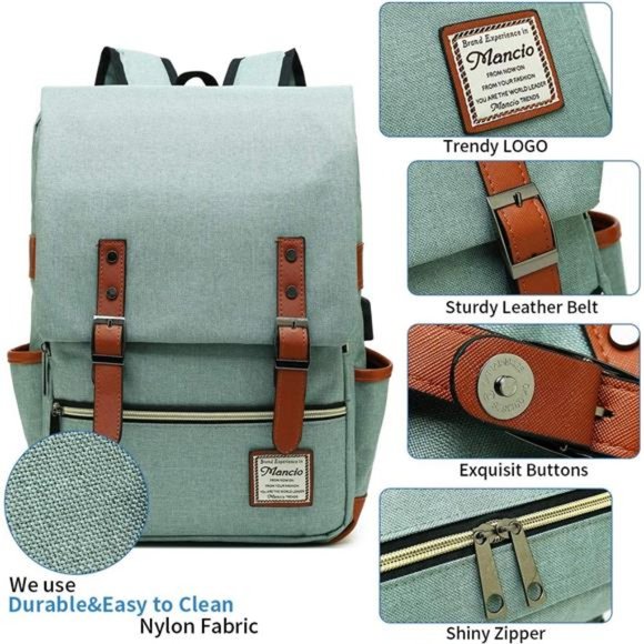 Vintage Laptop Business Backpack with USB Charging Port for Travelling,  College - Picture 4 of 6